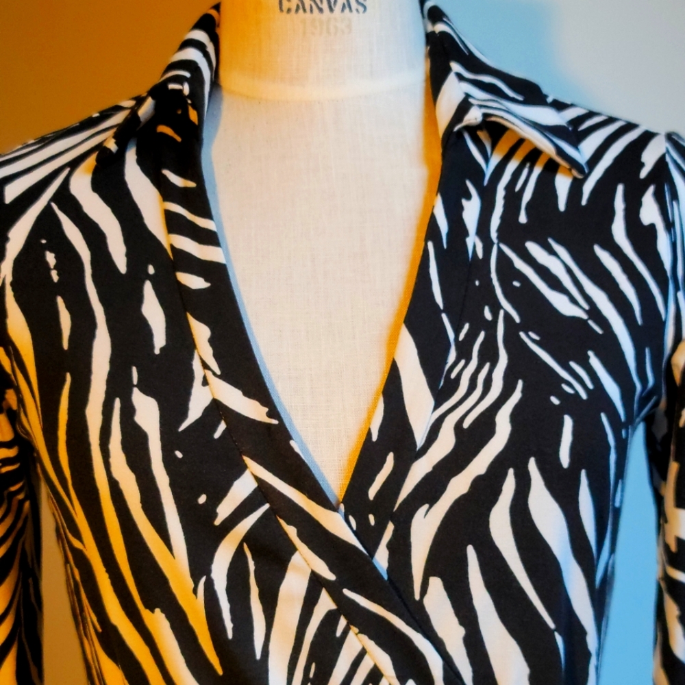 DVF black & white zebra print wrap dress